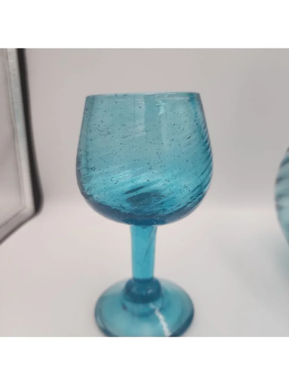 DECANTER SET Handblown Torquise Blue Glass 5 Stemmed Glasses 1970s